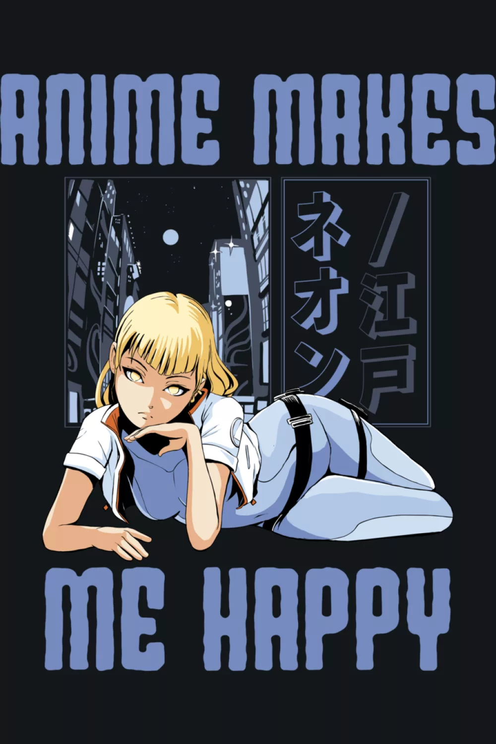 Design that mixes the sentence with manga inspired details and quote energy.