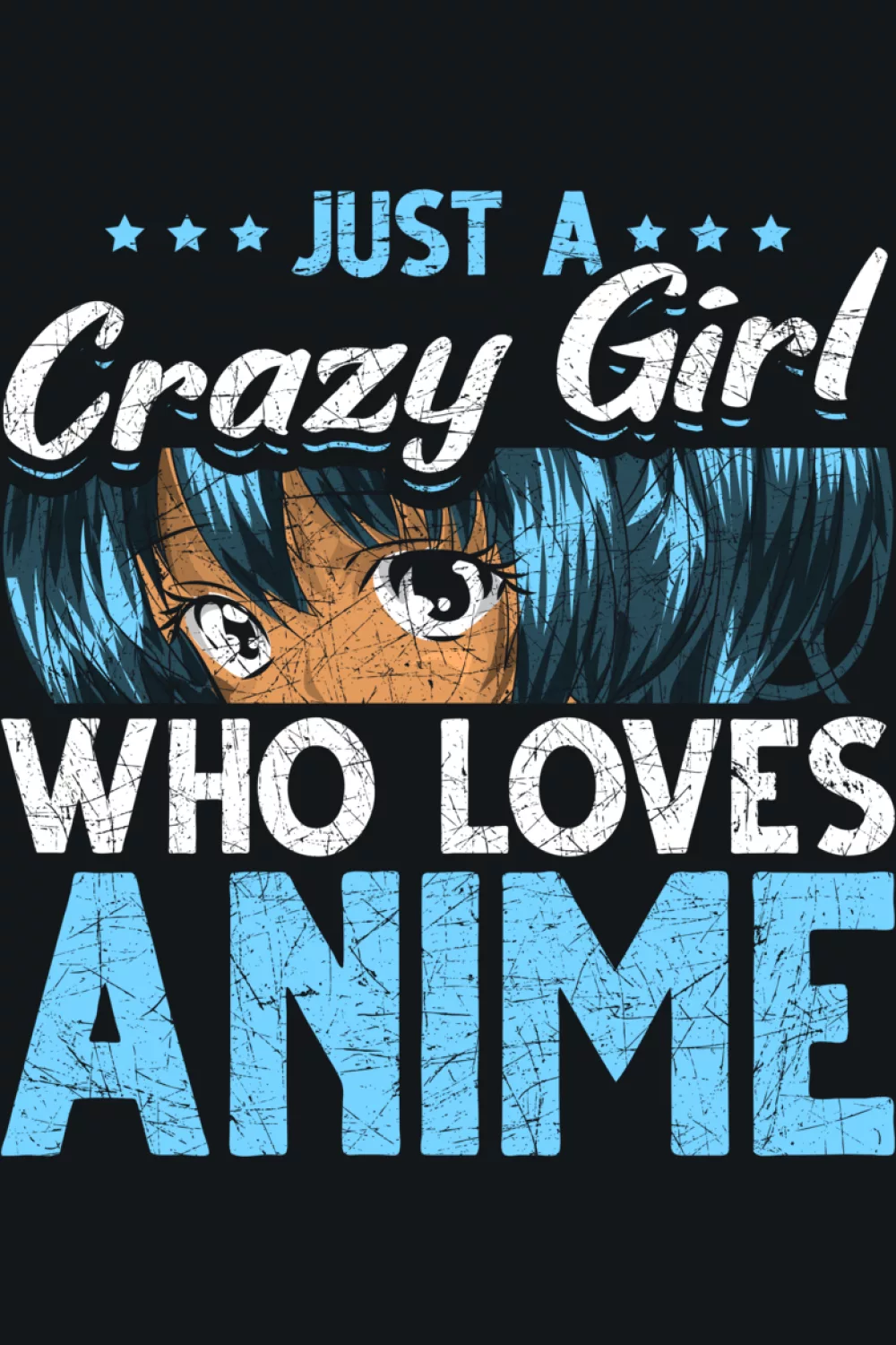 blue themed anime face closeup with bold lettering, intense cute crazy mood