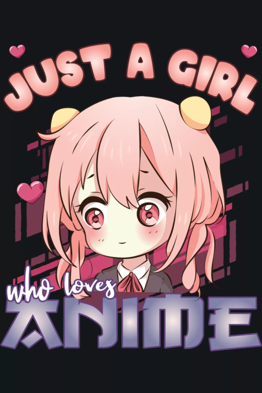 anime girl in a framed window style, bold quote and playful hearts, bright pop palette