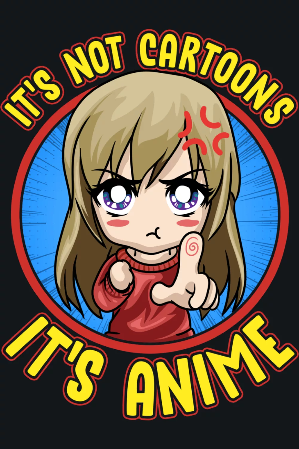 round badge style chibi girl sharing her love for anime with a bold message around her