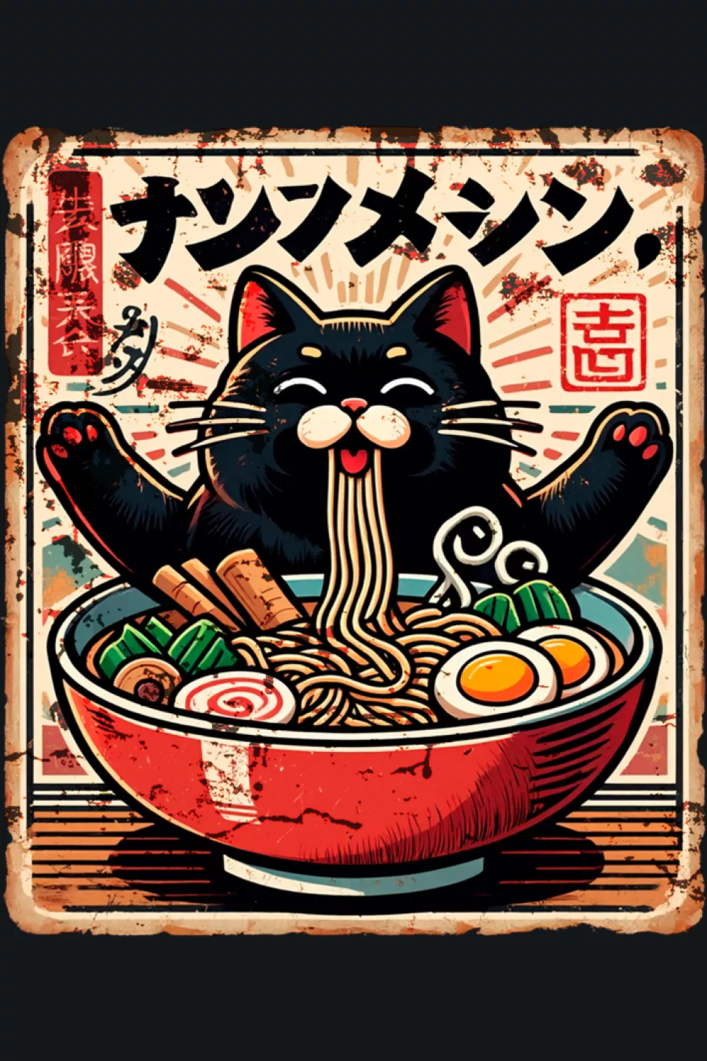 Kawaii cat eating ramen with a clean centered bowl and strong poster balance