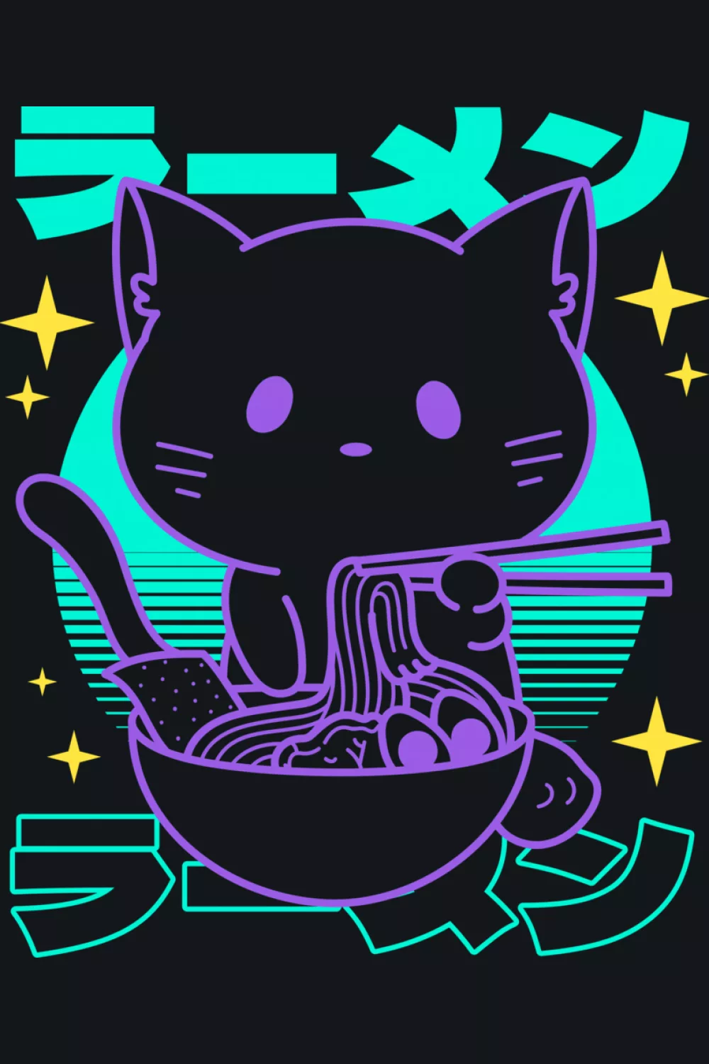 retro neon ramen cat with Japanese sign vibe, bright accents and a playful night market mood