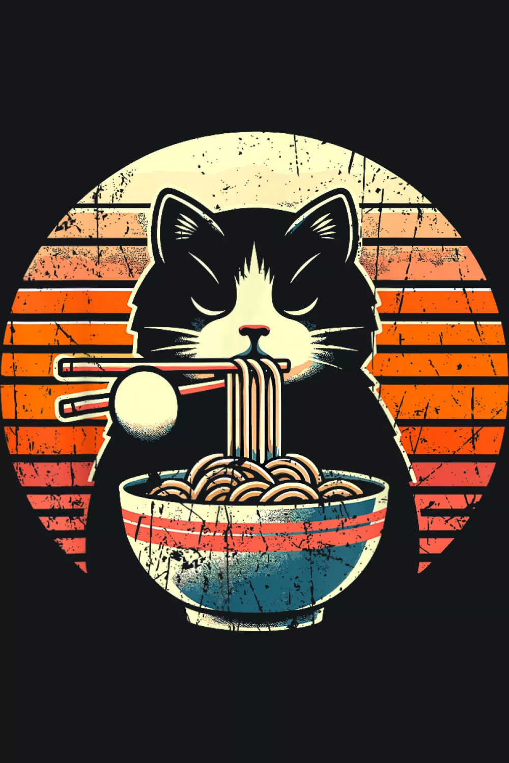 Retro ramen cat poster with a sunset circle, bold stripes, and a calm noodle shop vibe