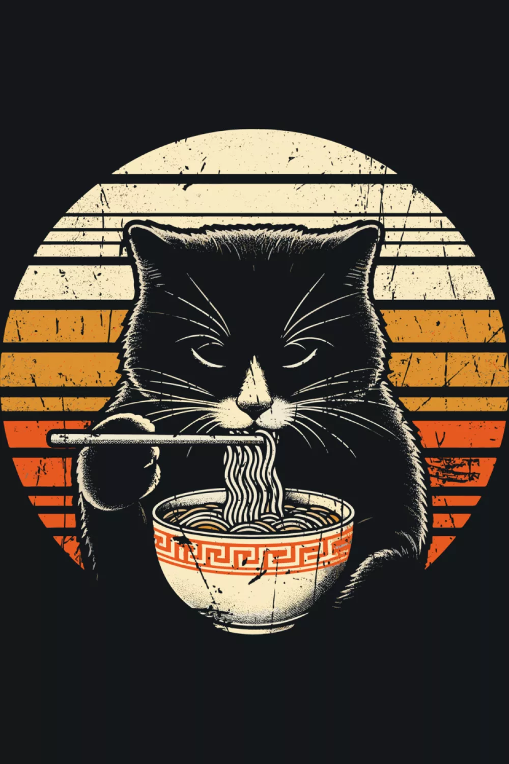 Retro ramen cat in a sunset circle with bold stripes and a bowl centered like a badge