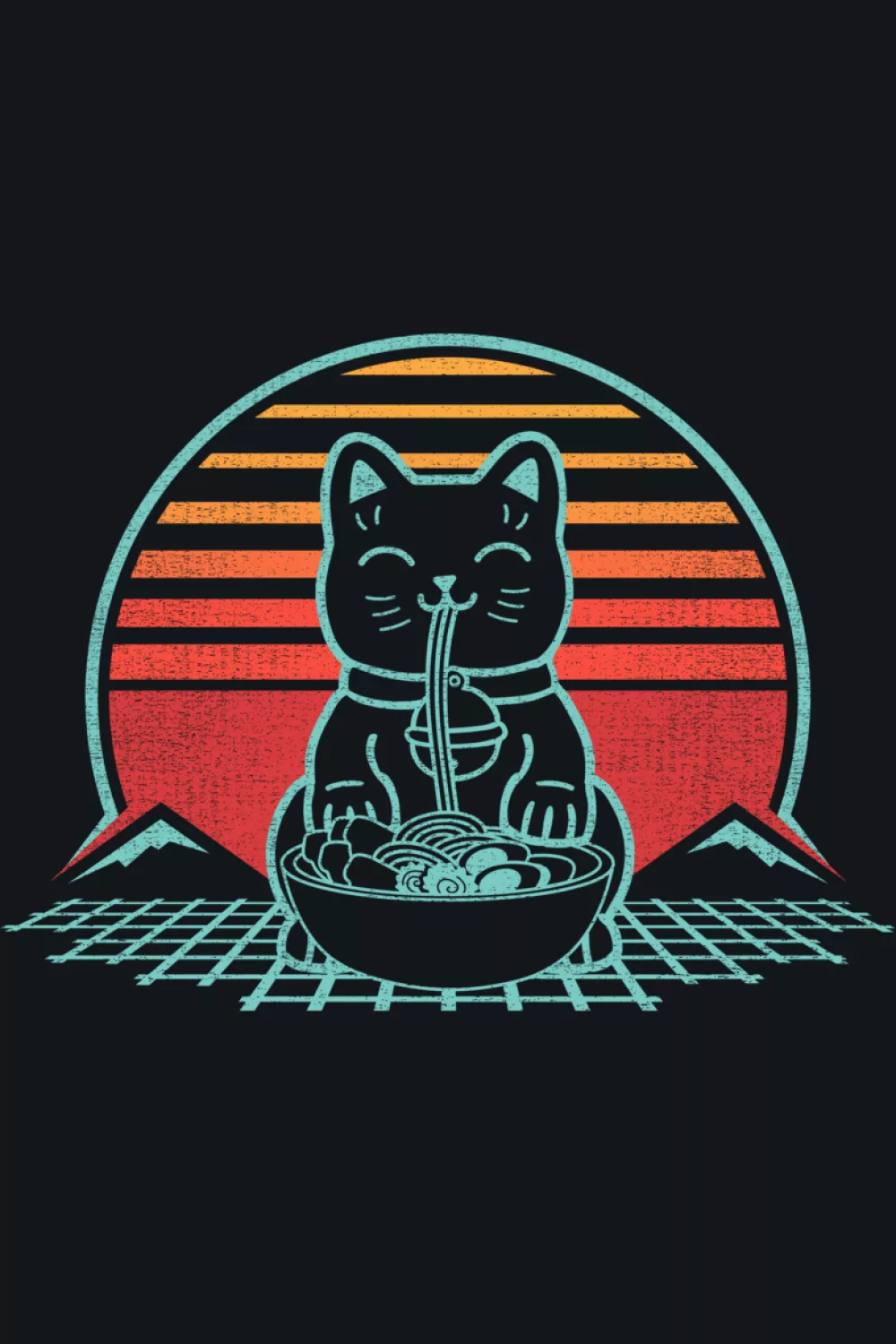 retro sunset style ramen cat, synth vibe background with a bold central bowl and clean lines