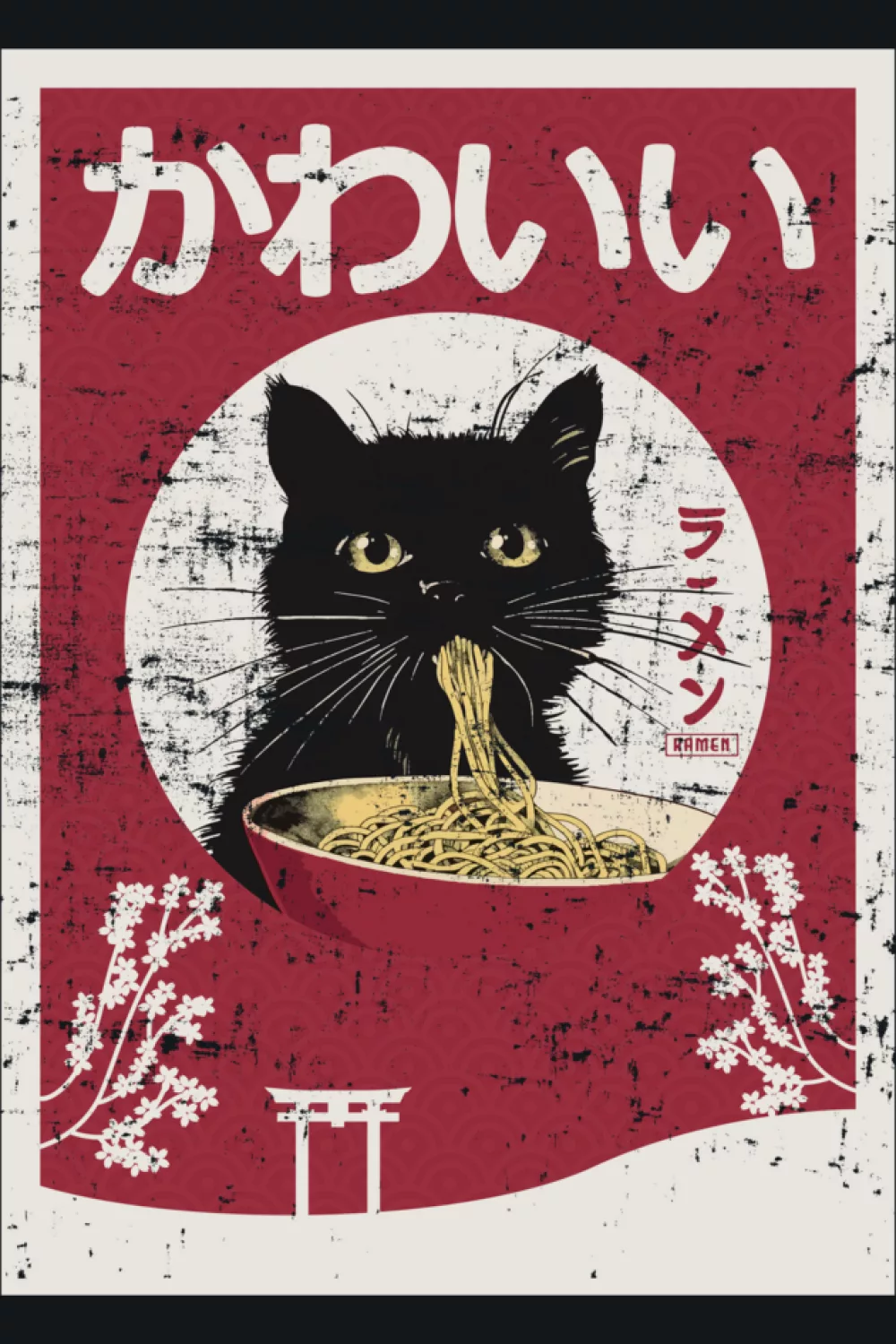 Woodblock inspired ramen cat poster with bold shapes, strong outlines, and classic color blocks