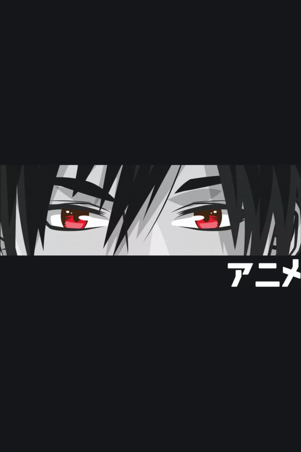 dark eyes crop with red accents and a sharp, edgy gaze framed by minimal text