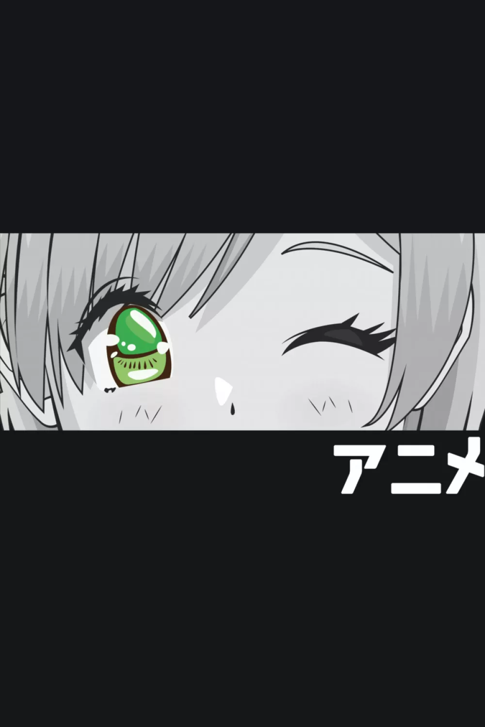 winking kawaii eyes crop with a playful expression and minimal text accents