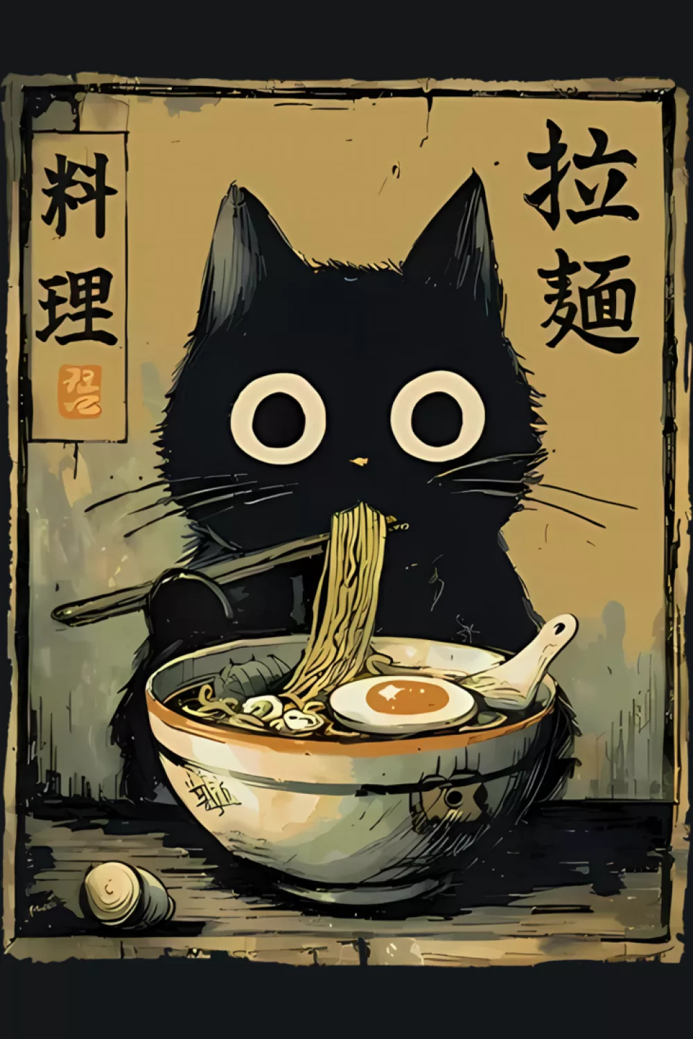 Black cat eating ramen with warm bowl colors and a cozy night cafe mood