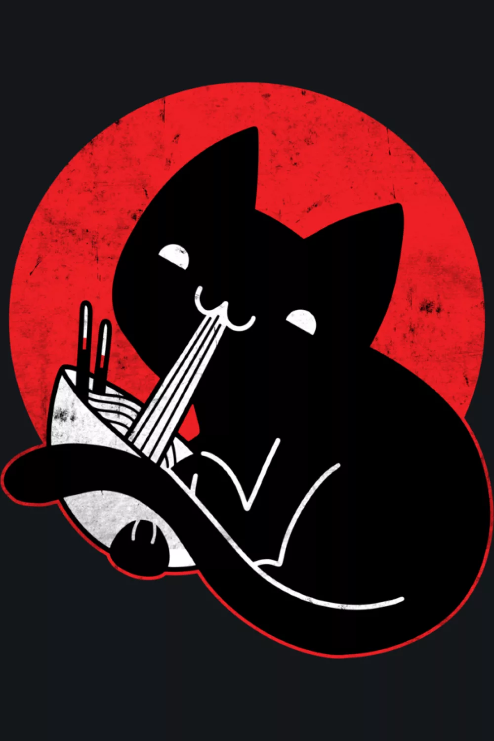 Black cat ramen with a red sunset mood and a cozy love themed scene