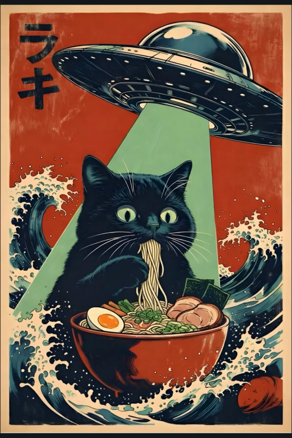 Black cat ramen scene with alien UFO vibes and dramatic poster style framing