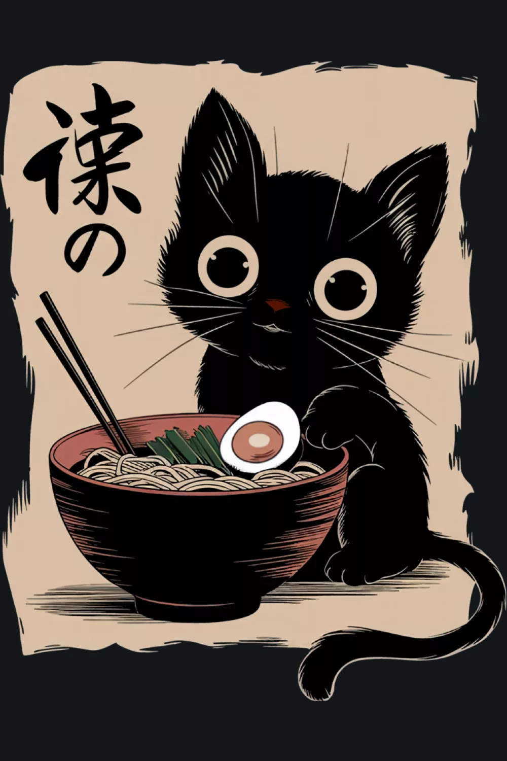 Black cat ramen scene with a classic bowl and a calm, confident character focus