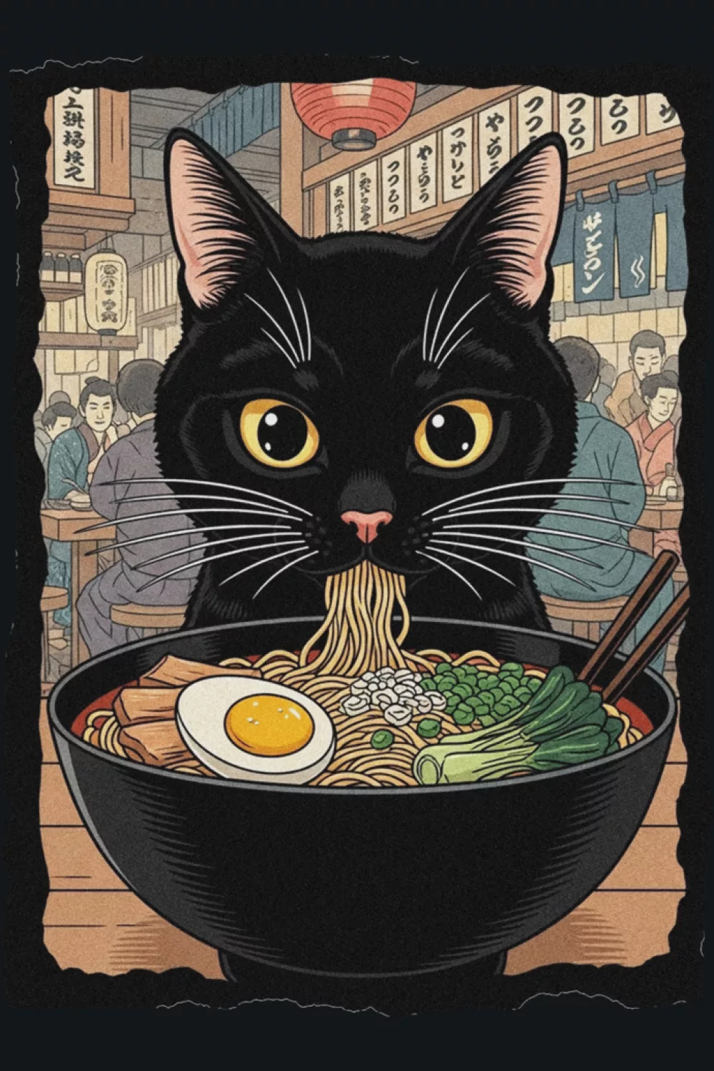Black kawaii cat eating ramen with warm bowl colors and a cozy night cafe mood