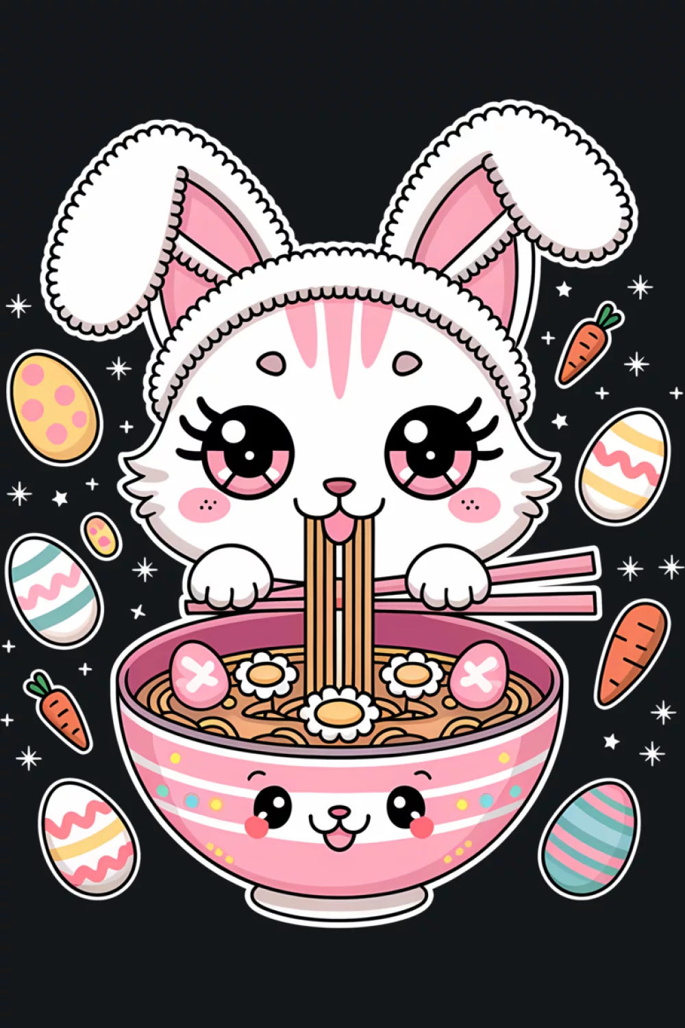 Easter themed cat enjoying noodles with cute spring details and a playful seasonal mood
