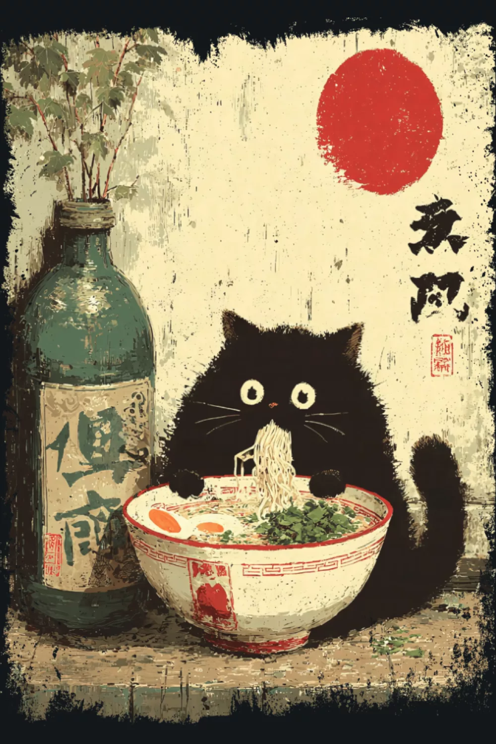 Funny cat slurping noodles with a playful expression and an easy gift friendly vibe