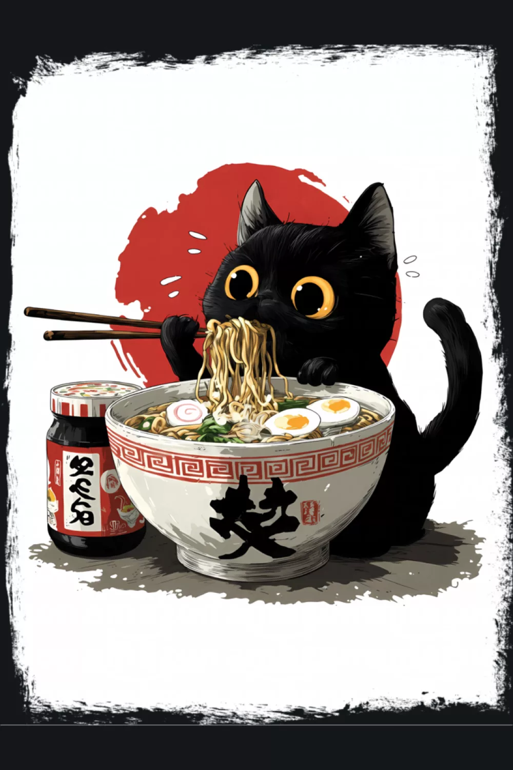 Funny ramen cat with an exaggerated munch face and a lighthearted meme style vibe