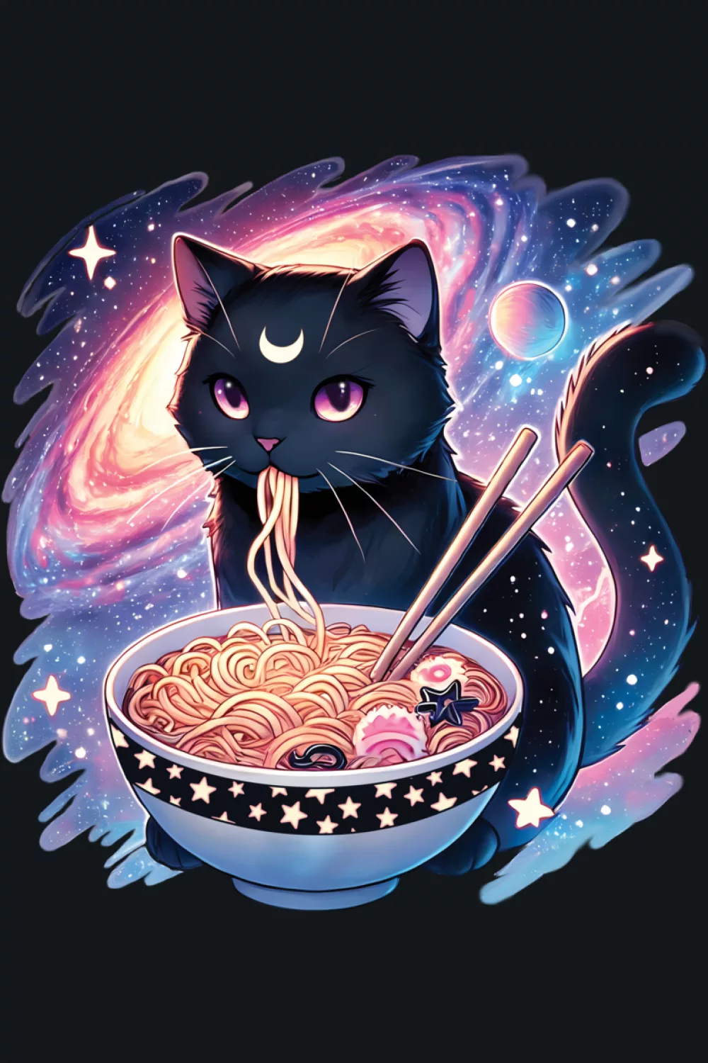 Galaxy themed ramen cat with magical space vibes and glowing accents around the bowl