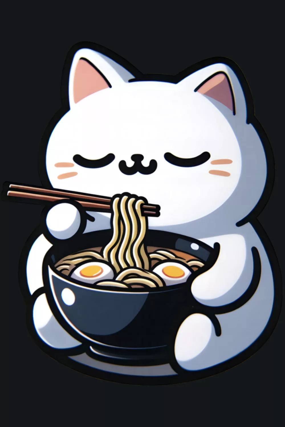 Cute neko eating ramen noodles with a soft, friendly face and a cozy bowl focus