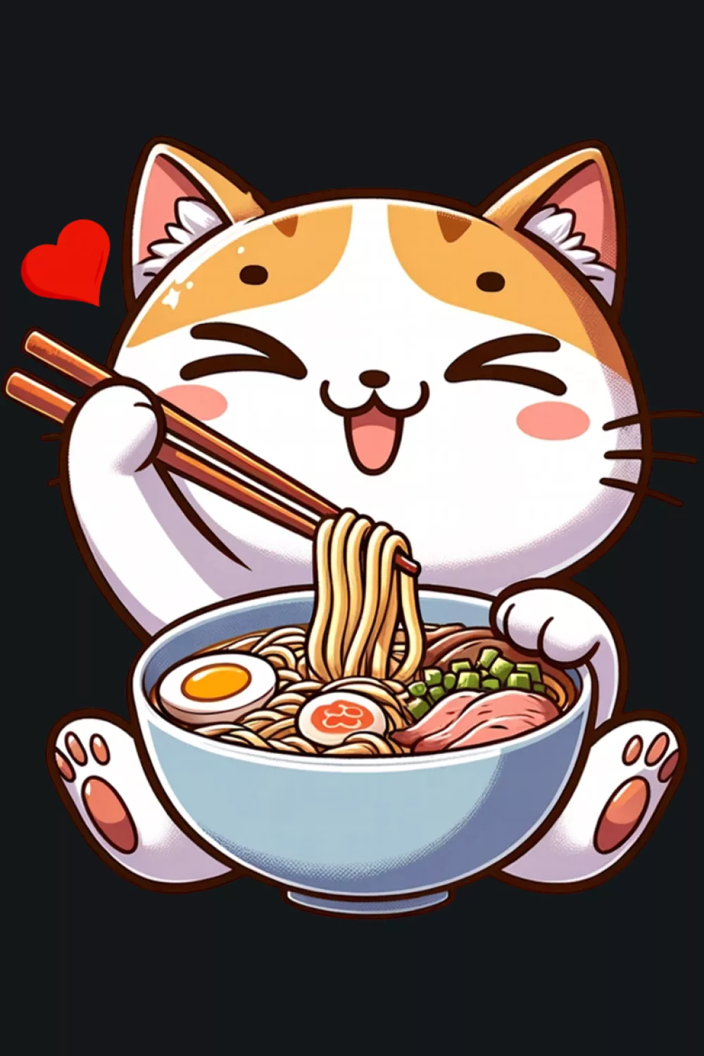 Kawaii cat eating ramen noodles with a friendly expression and a cozy everyday vibe