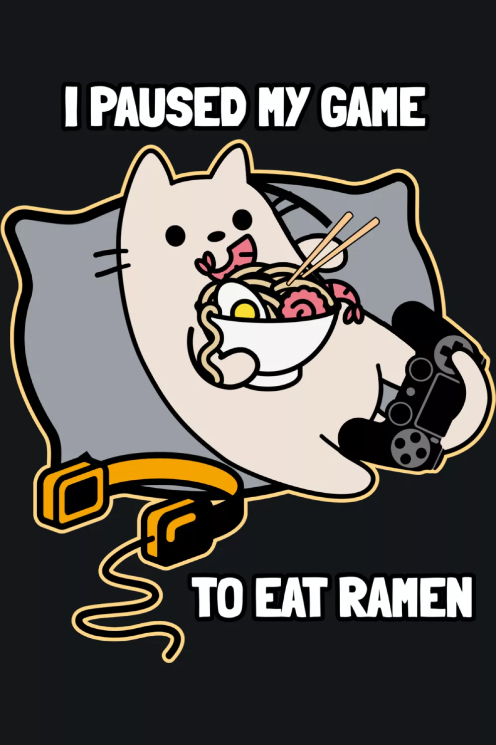 gamer cat pausing play for ramen, cute cartoon style with a funny snack break message