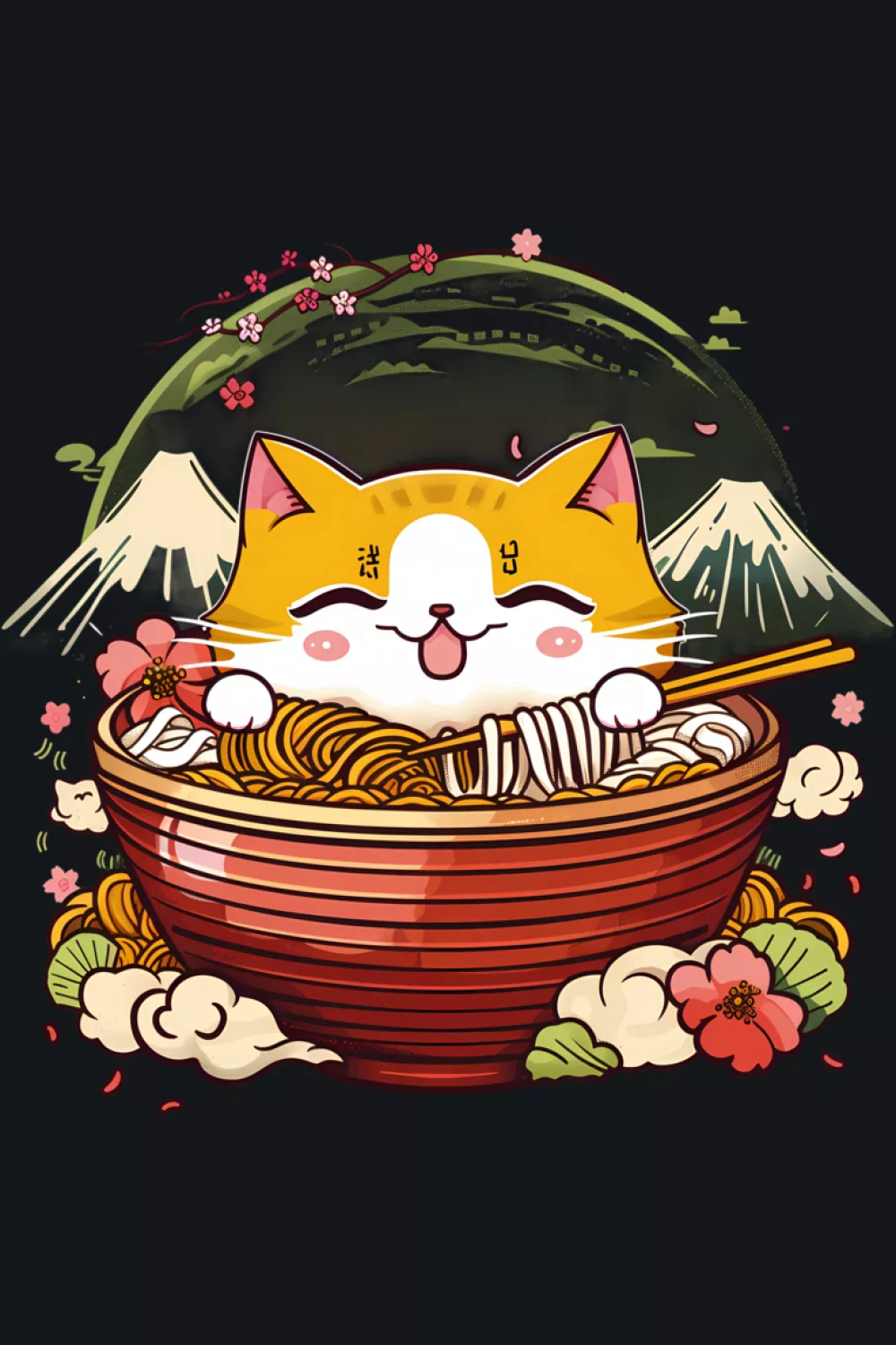 Kawaii artwork ramen cat with art focused bowl details and a poster style frame