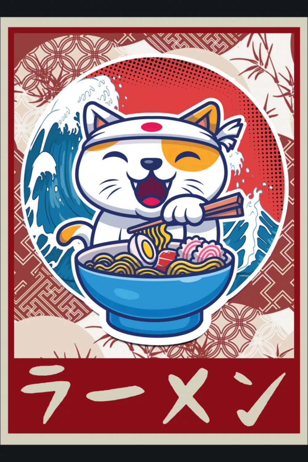 Kawaii cat slurping ramen with a bright bowl and friendly poster colors