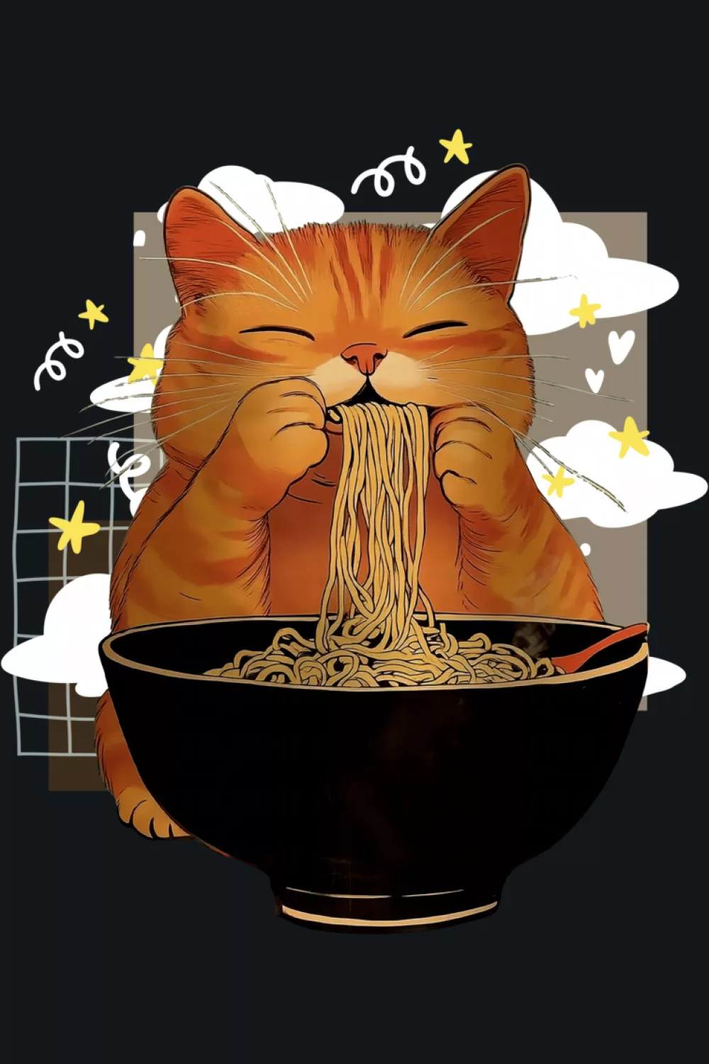 Kawaii cat slurping ramen with a bright expressive face and fun noodle action