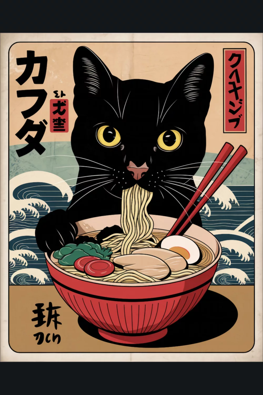 cat ramen poster art with Japanese framing, clean composition and a bold bowl centered scene