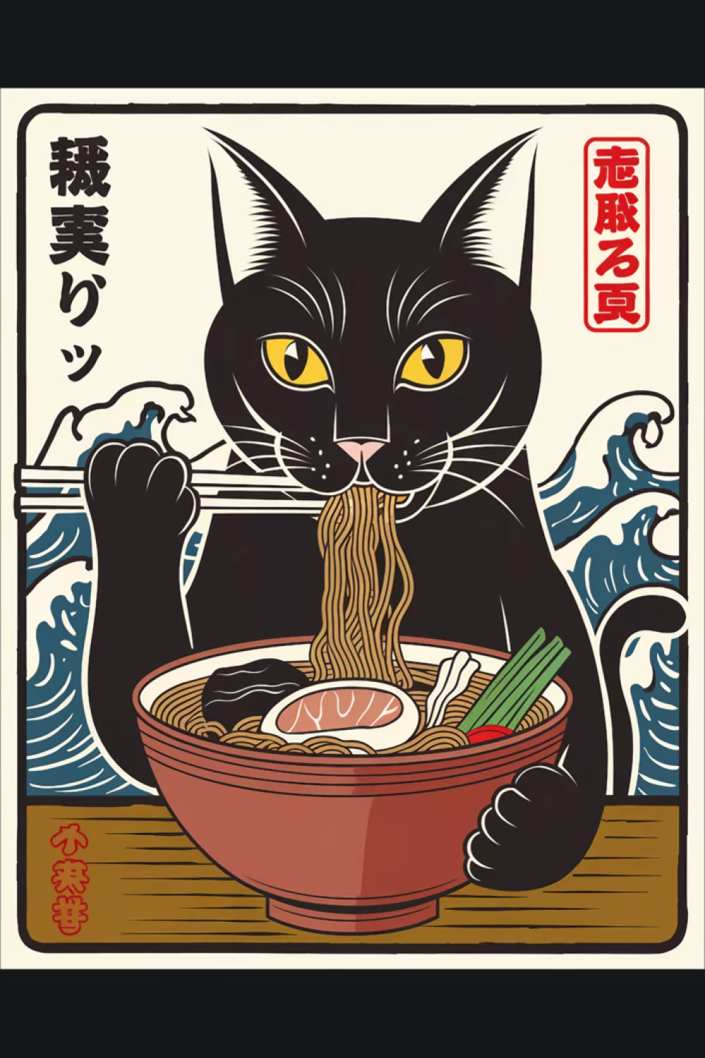black cat eating ramen with a warm brown bowl, vintage Japanese poster style with a calm mood