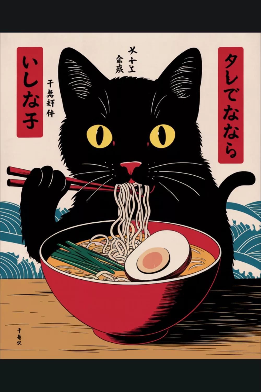 black cat slurping ramen with chopsticks, bold graphic shapes and a clean retro composition