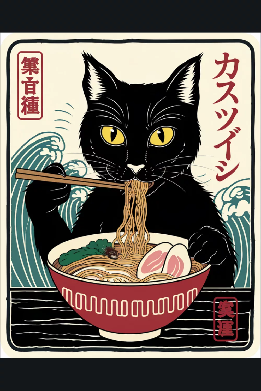 Retro Japanese style ramen cat art with a bold bowl, strong framing, and cozy paper texture