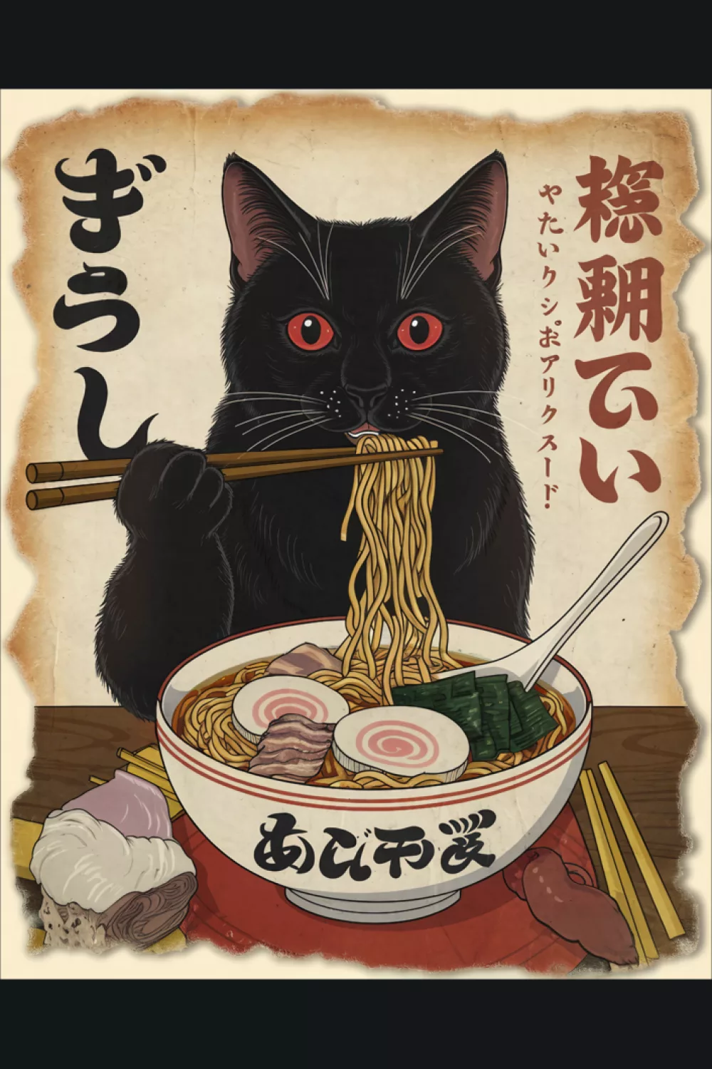 Japanese retro ramen cat art with an aged poster vibe and a cozy noodle shop palette