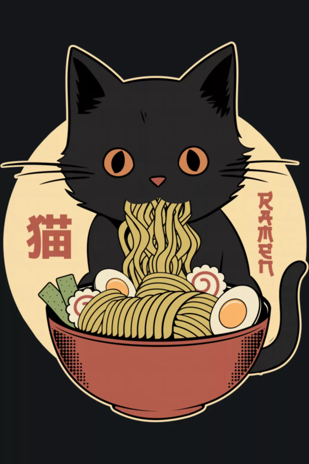 Funny ramen cat in a strong poster frame with a clear bowl scene and bold character lines