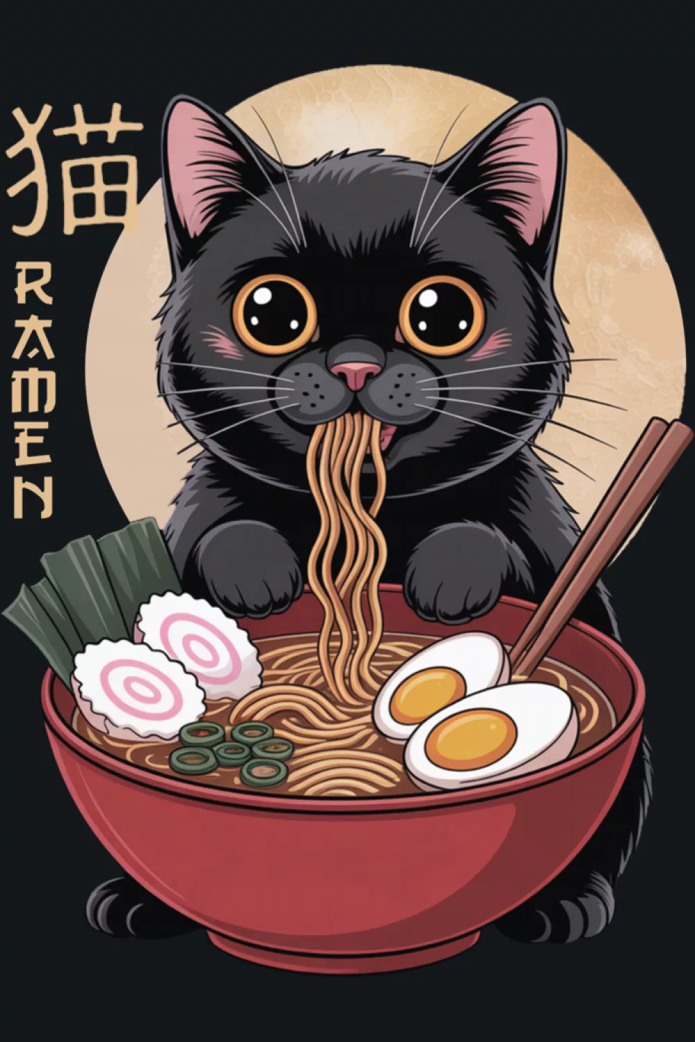Funny ramen cat with bold bowl lines and a strong, graphic character silhouette
