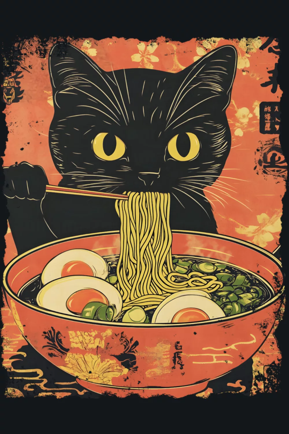 Funny ramen cat with bold bowl details and a confident pose that reads instantly