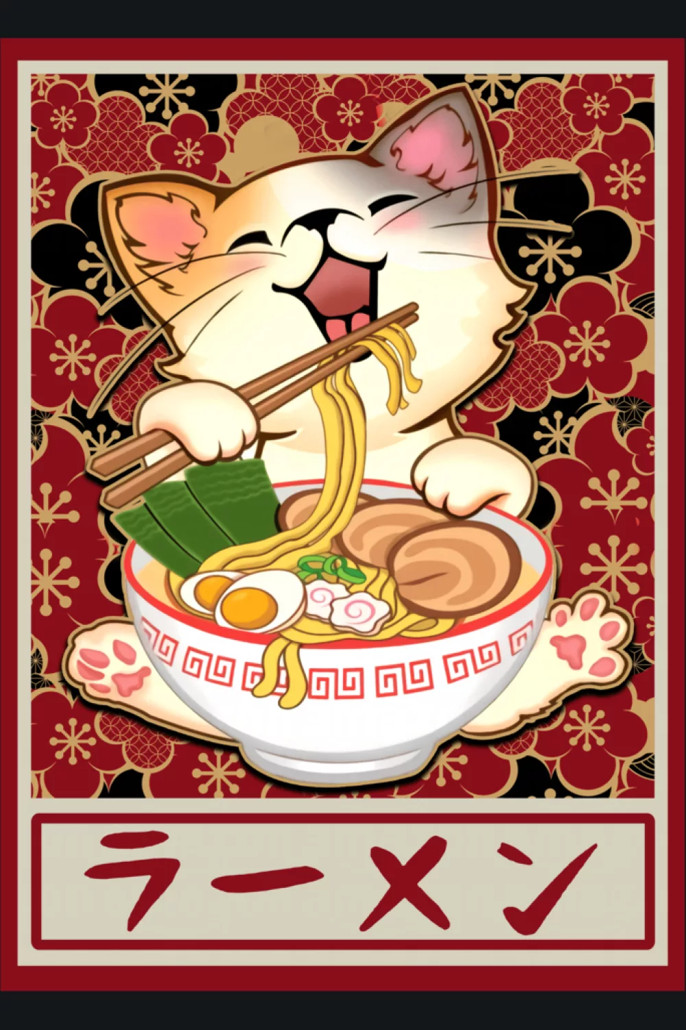 Funny Japanese graphic ramen cat with bold shapes and a playful attitude