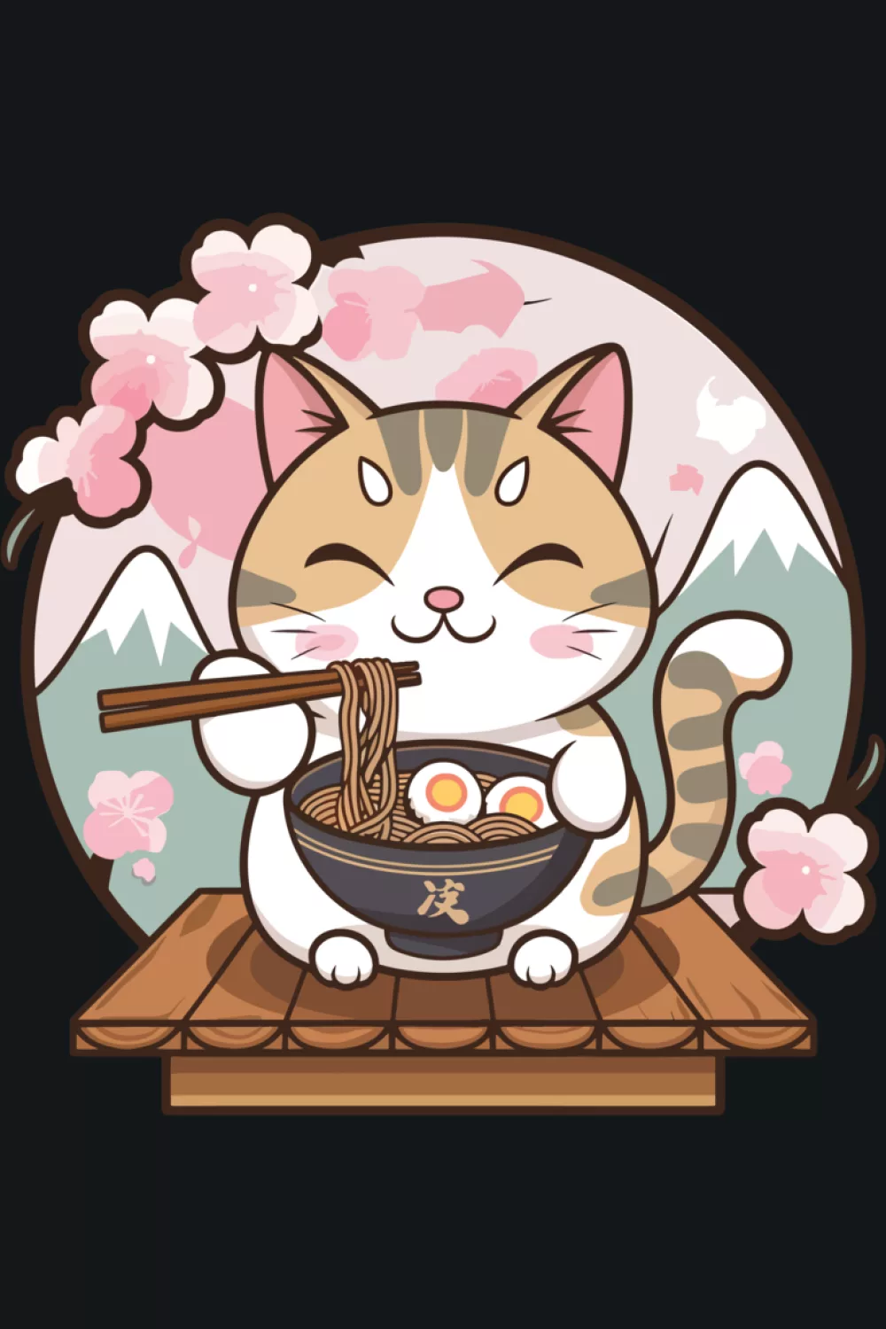 funny ramen cat with wave background, Japanese poster inspiration and a playful retro palette
