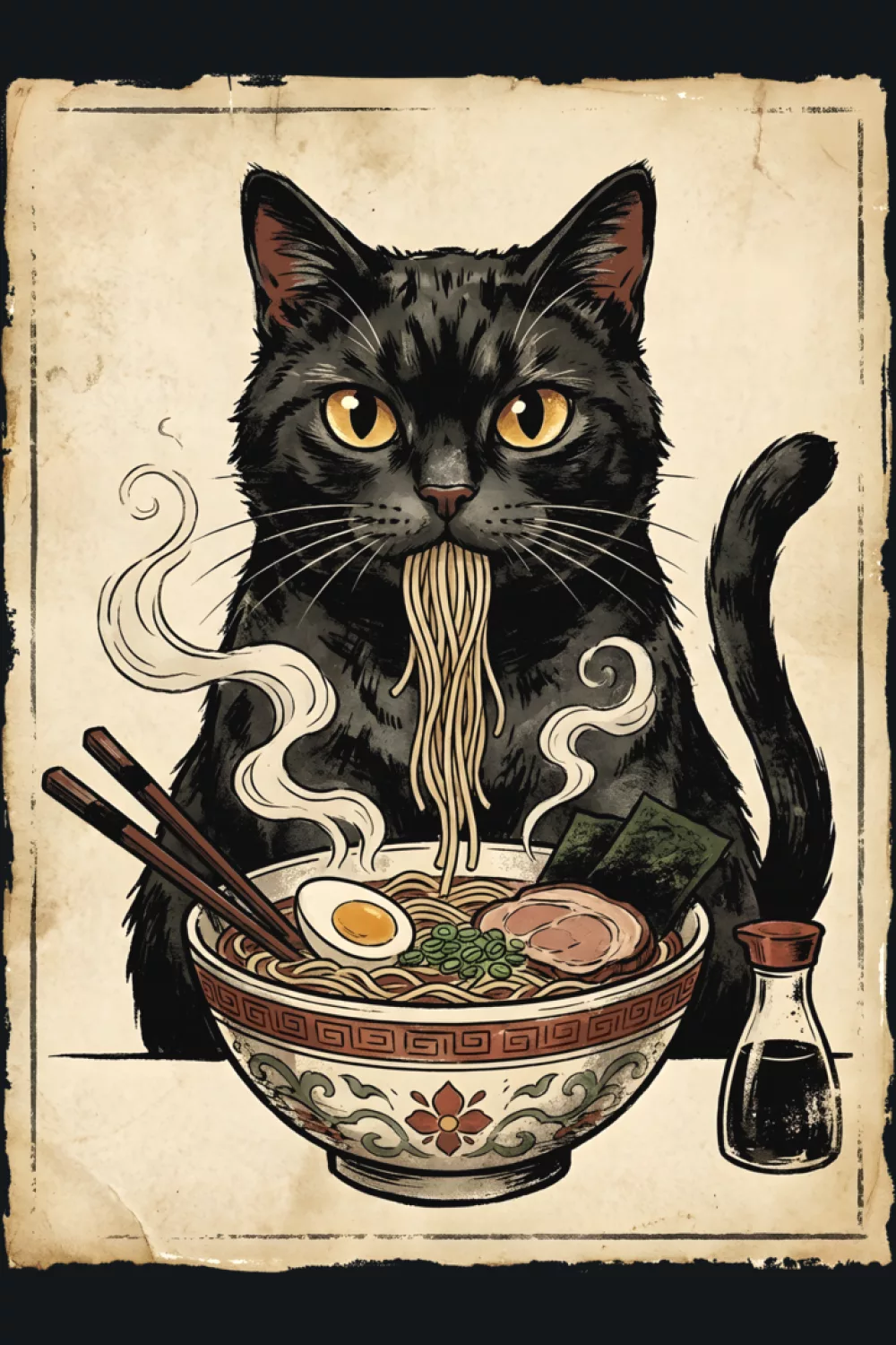 Japanese art inspired ramen cat with textured details and a classic poster mood