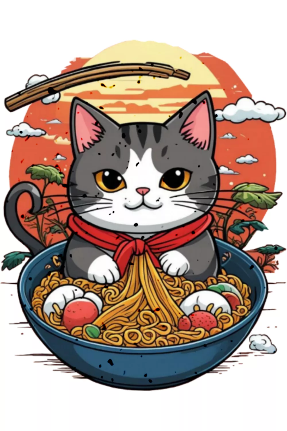 Japanese poster style ramen cat graphic with a funny look and bold framing