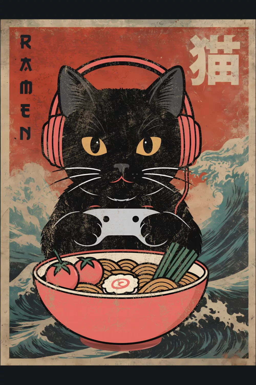 Funny ramen cat in a bold bowl with strong Japanese poster shapes and warm colors