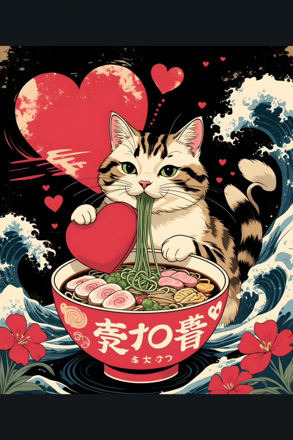 Funny ramen cat gift style poster with a confident character and bold Japanese framing