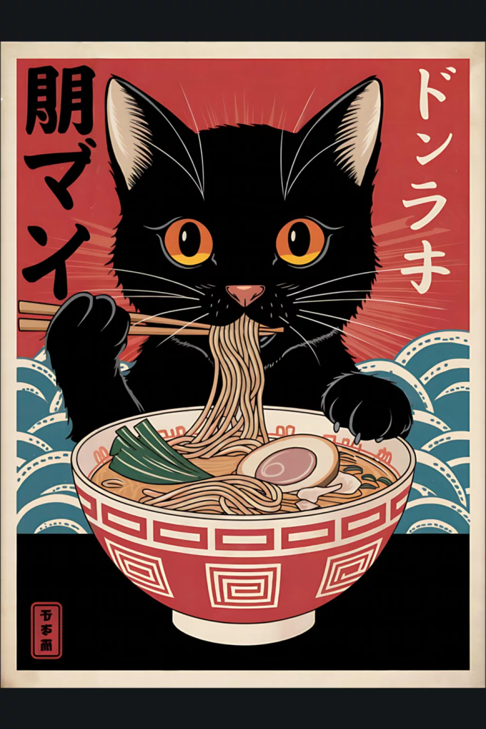 black cat holding noodles over a red ramen bowl, crisp outlines and a classic poster layout
