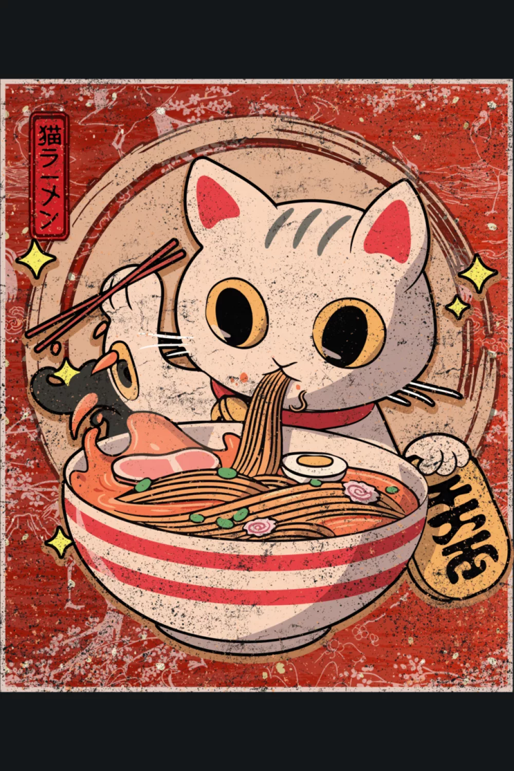 anime cat ramen poster shirts with a lucky cat slurping noodles in a weathered Japanese poster frame