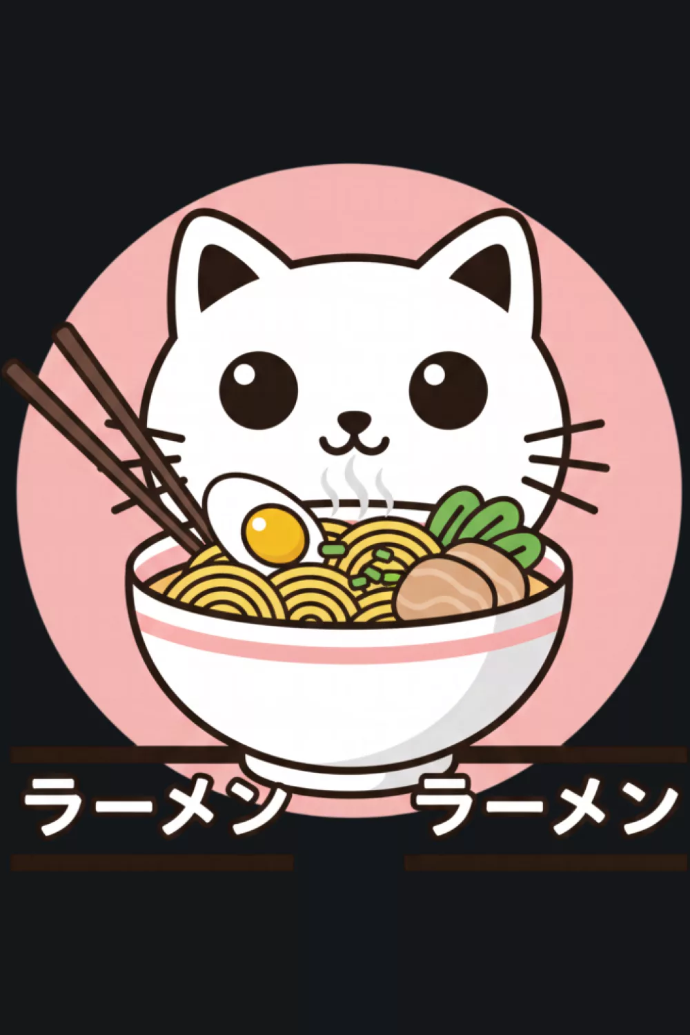 Cute ramen cat holding the bowl close with a soft sweet expression and warm color pop