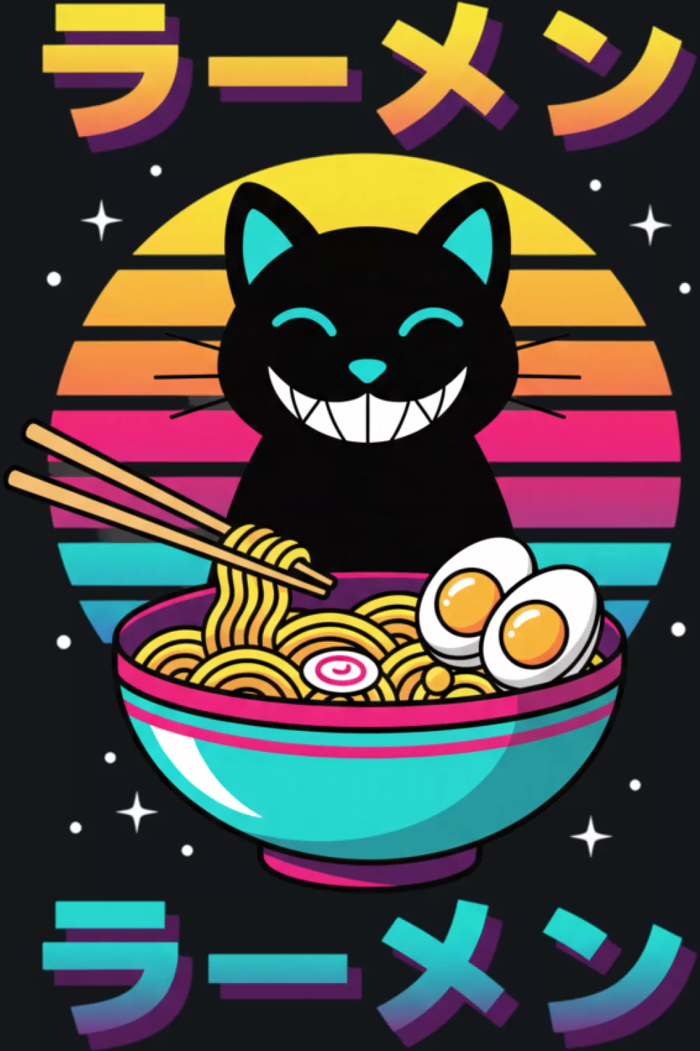 Japanese retro cat with a ramen bowl framed like a small print poster and warm aged tones