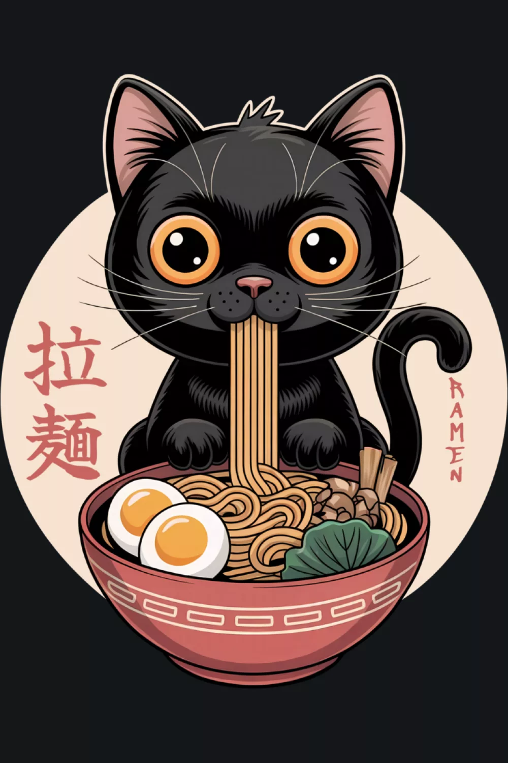 Kawaii ramen cat in a clean badge style layout that feels easy to wear