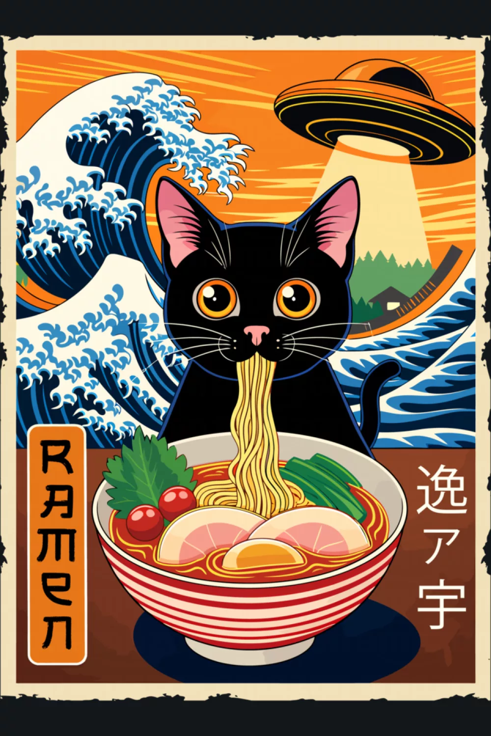 Cat with ramen under a hovering UFO in a bold poster layout that feels adventurous
