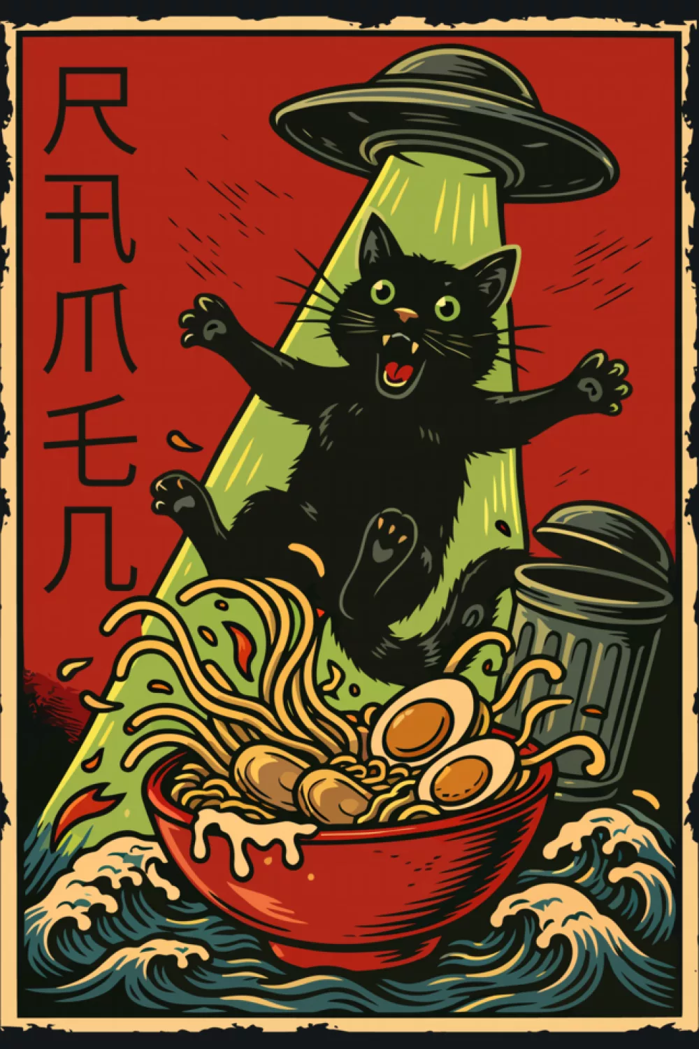 Ramen cat poster scene with a UFO overhead and a playful sci fi surprise vibe
