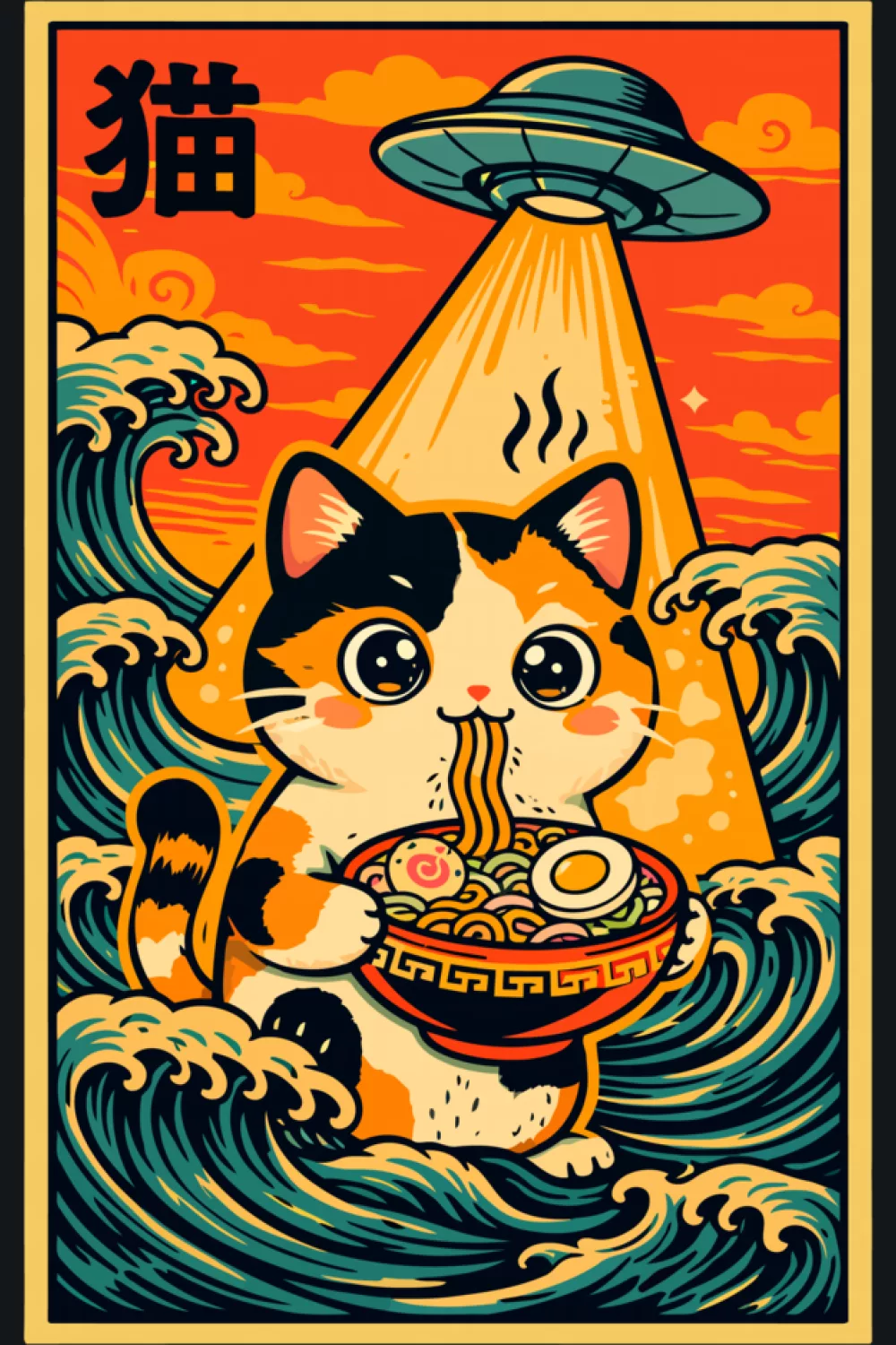 Japanese anime ramen cat with UFO theme and bold poster art energy