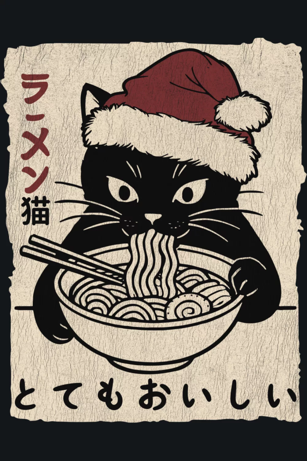 ramen cat with a santa hat, vintage Japanese aesthetic with a festive seasonal twist